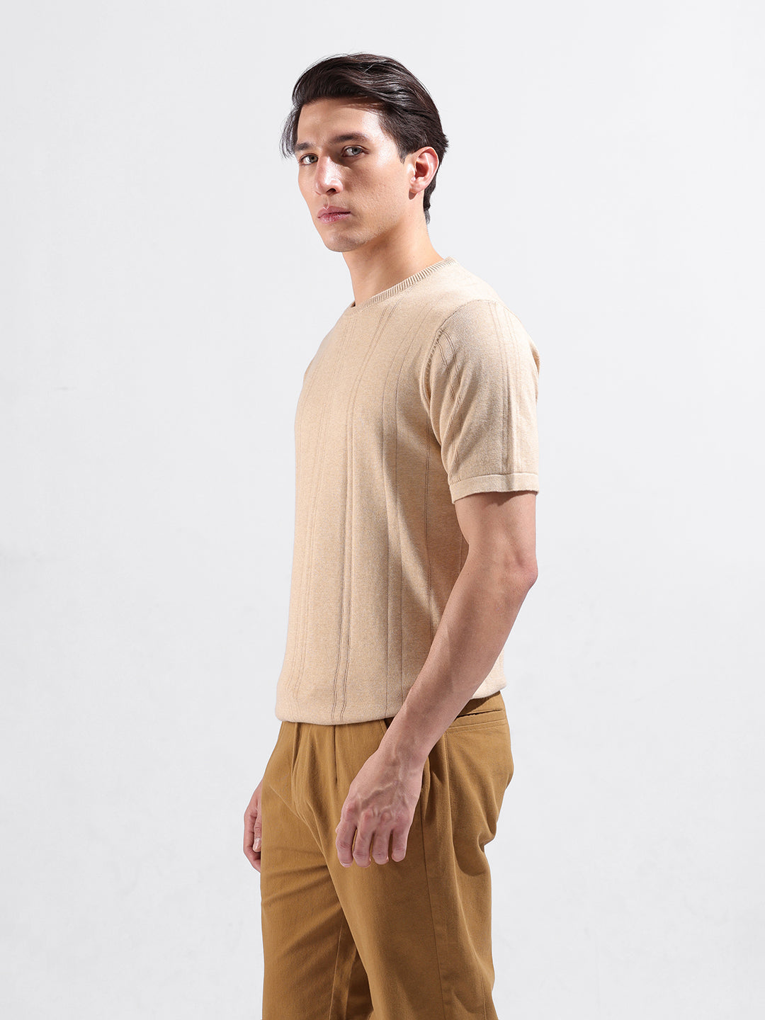 Men's Beige Slim Fit Textured Flat Knit Polo Collar T-Shirt