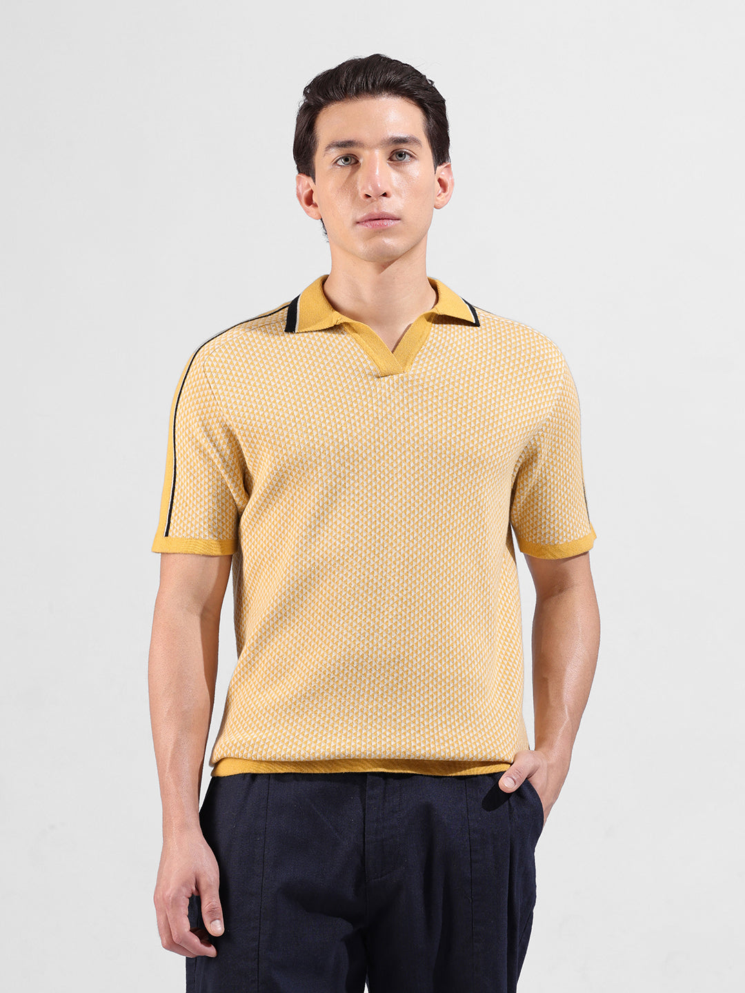 Men's Yellow Slim Fit Textured Flat Knit Polo Neck T-Shirt
