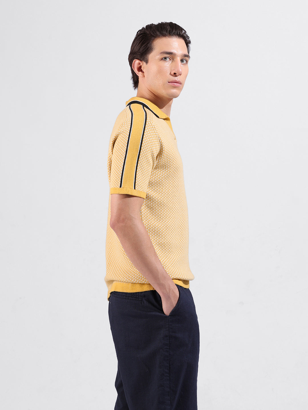 Men's Yellow Slim Fit Textured Flat Knit Polo Neck T-Shirt