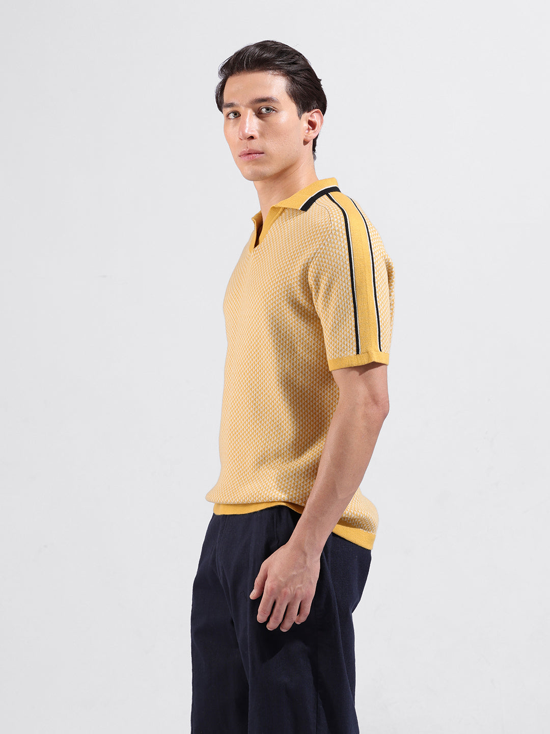 Men's Yellow Slim Fit Textured Flat Knit Polo Neck T-Shirt