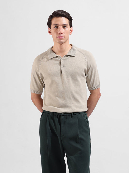 Men's Beige Slim Fit Textured Flat Knit Polo Collar T-Shirt