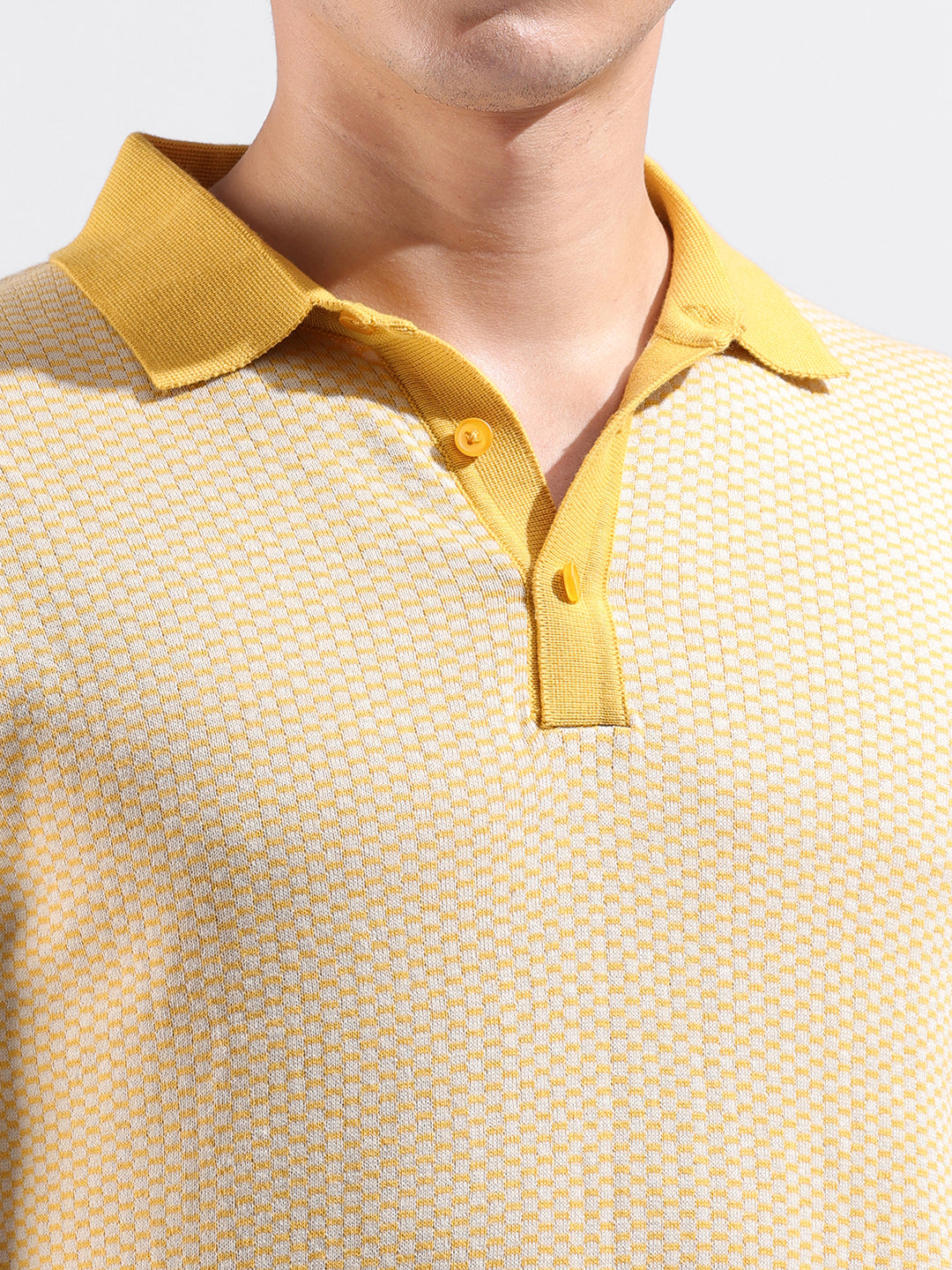 Men's Yellow Slim Fit Textured Flat Knit Polo Collar T-Shirt