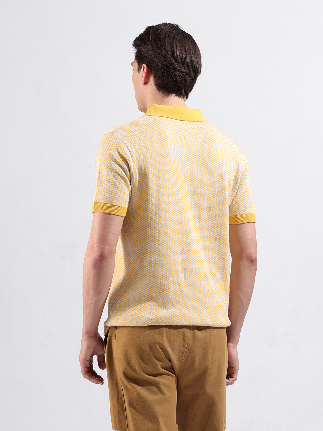 Men's Yellow Slim Fit Textured Flat Knit Polo Collar T-Shirt