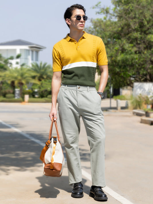 Men's Yellow Slim Fit Textured Flat Knit Polo Collar T-Shirt