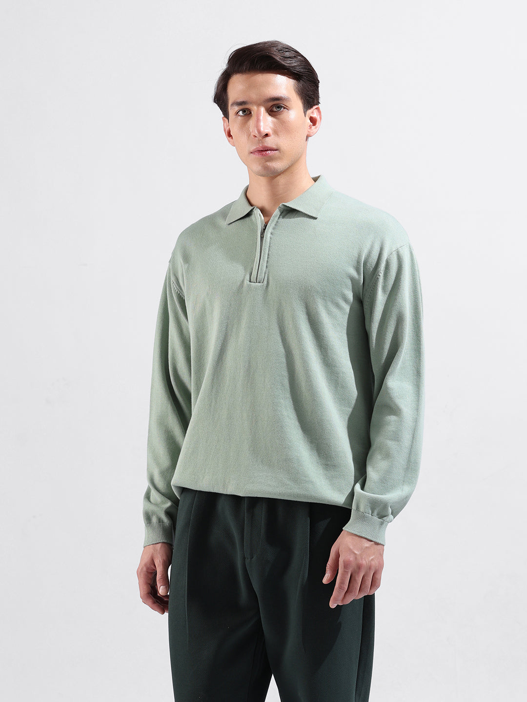 Men's Green Oversized Fit Textured Flat Knit Polo Collar T-Shirt