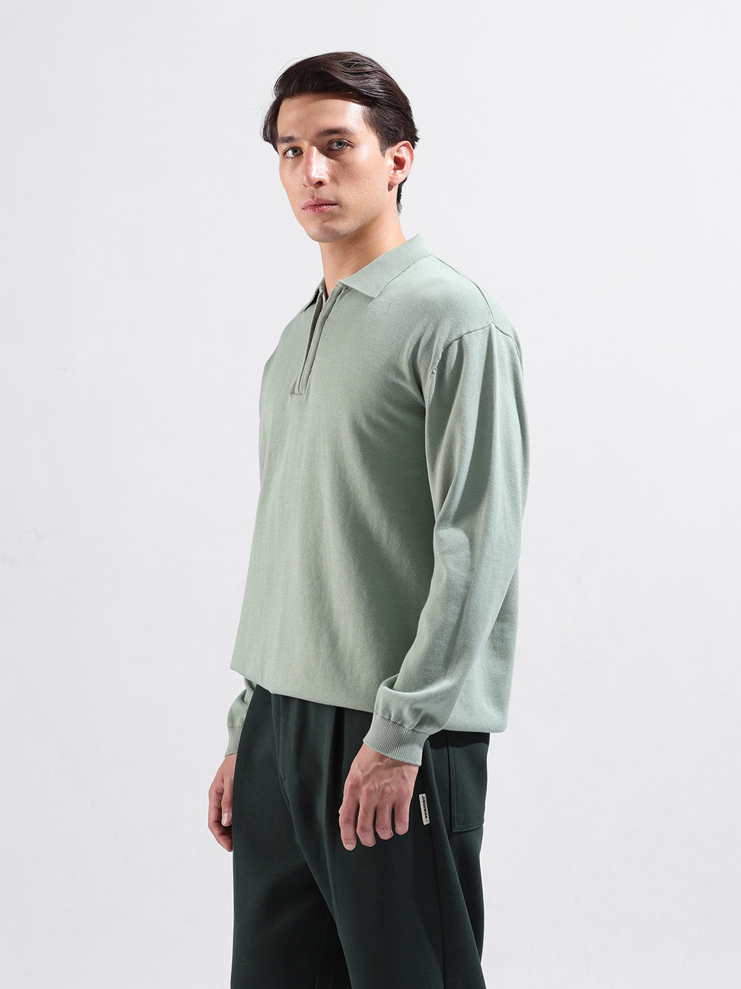 Men's Green Oversized Fit Textured Flat Knit Polo Collar T-Shirt