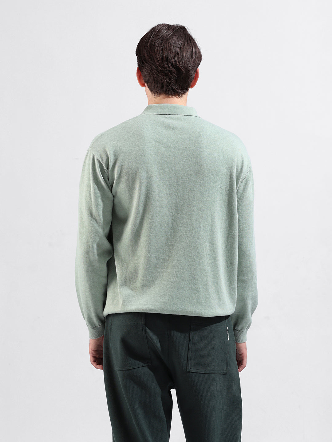 Men's Green Oversized Fit Textured Flat Knit Polo Collar T-Shirt