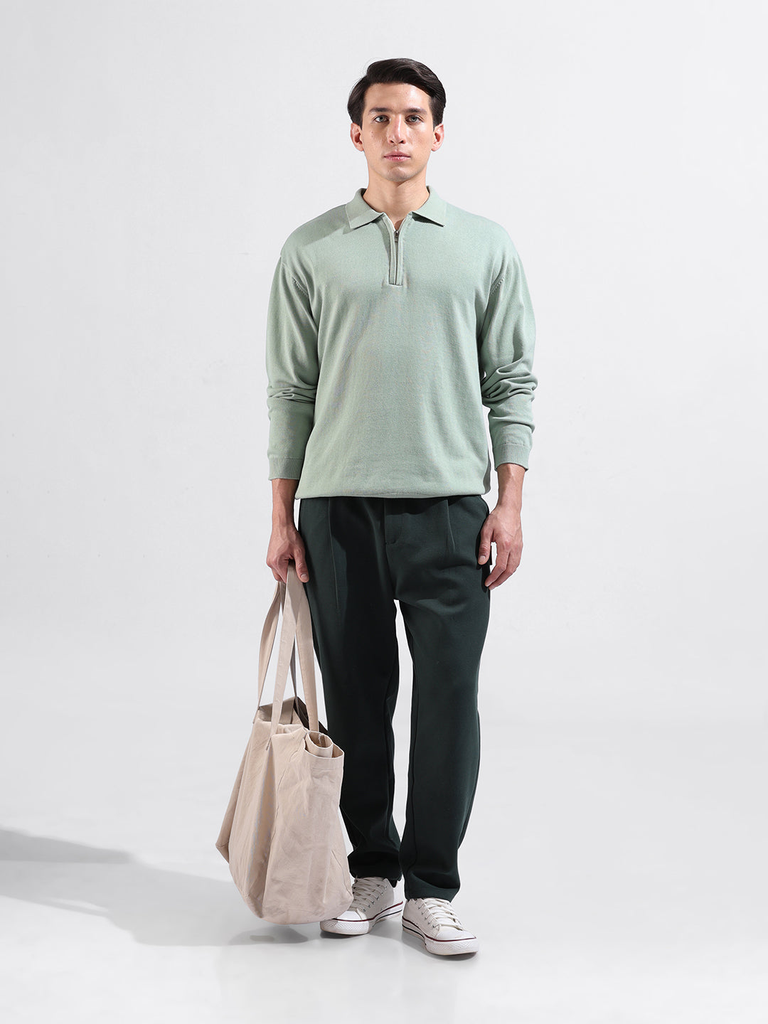 Men's Green Oversized Fit Textured Flat Knit Polo Collar T-Shirt