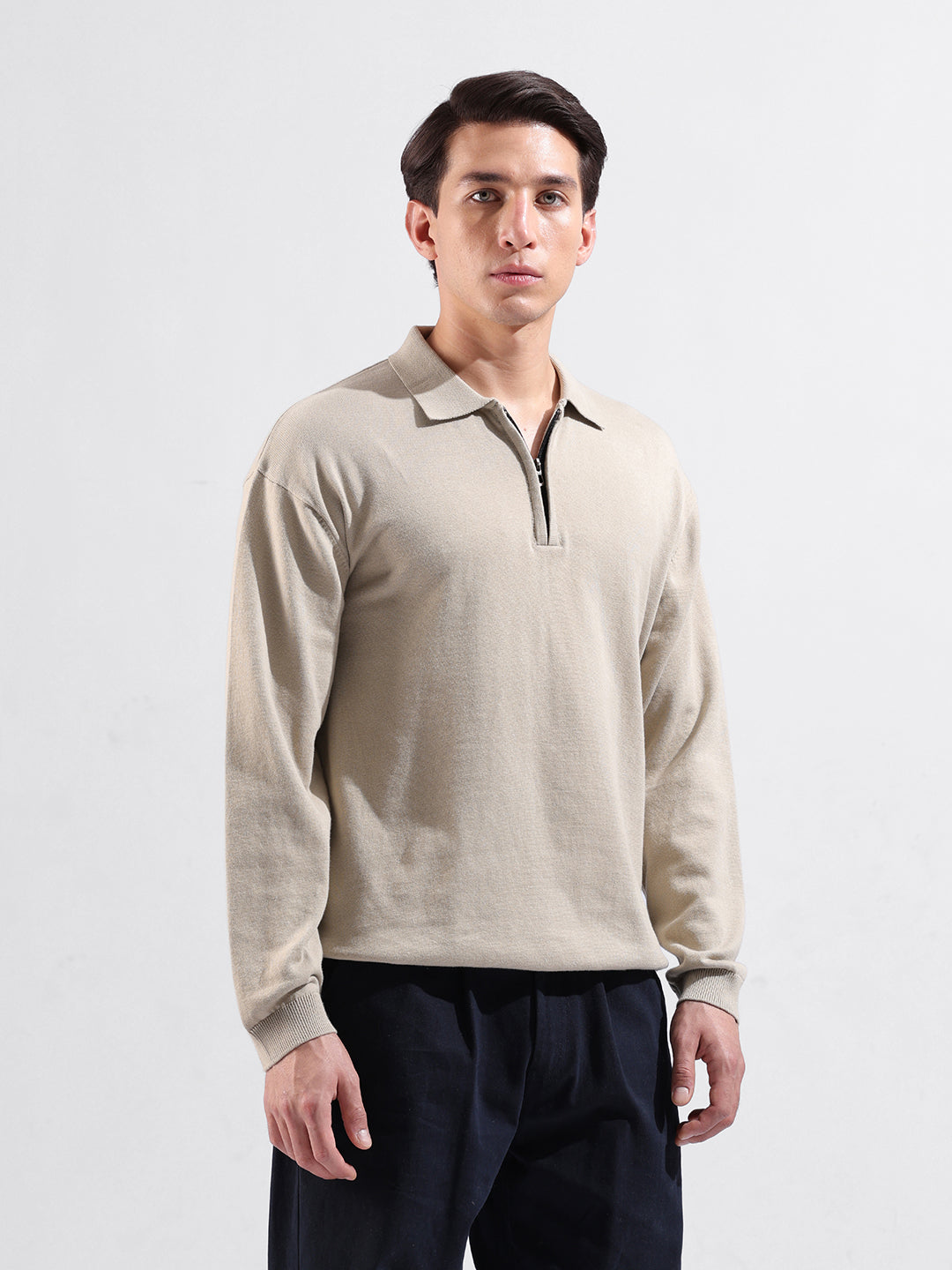 Men's Beige Oversized Fit Textured Flat Knit Polo Collar T-Shirt