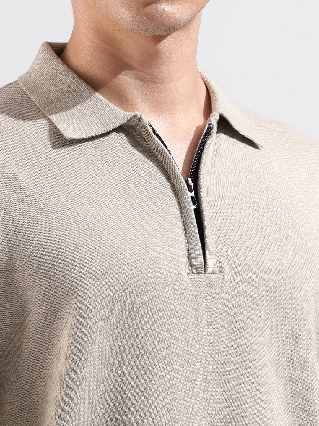 Men's Beige Oversized Fit Textured Flat Knit Polo Collar T-Shirt