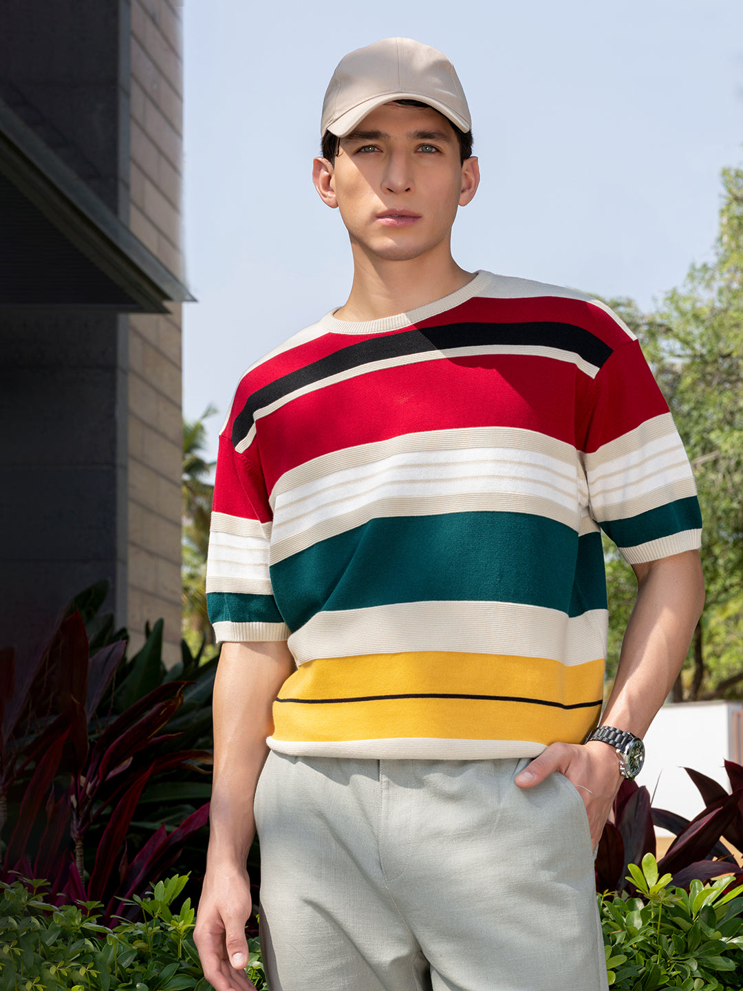Men's Multicolor Oversized Fit Striped Flat Knit Polo Collar T-Shirt