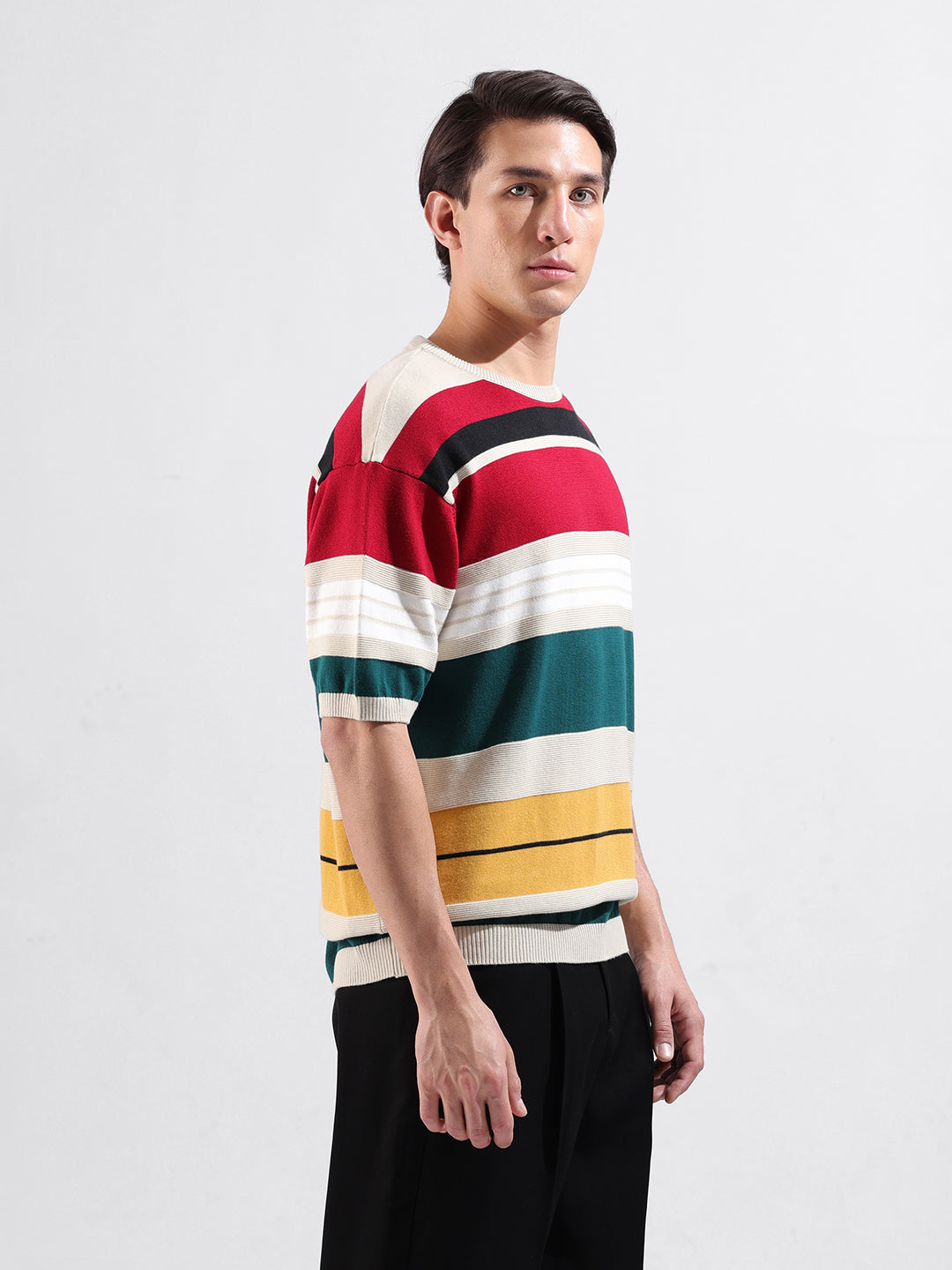 Men's Multicolor Oversized Fit Striped Flat Knit Polo Collar T-Shirt