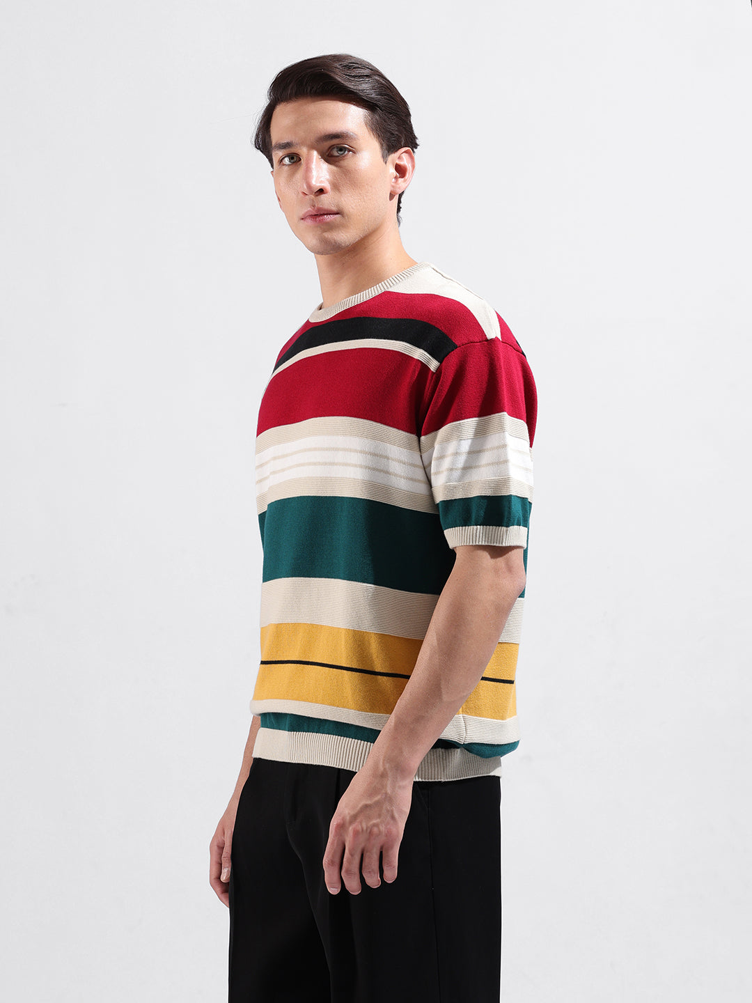 Men's Multicolor Oversized Fit Striped Flat Knit Polo Collar T-Shirt