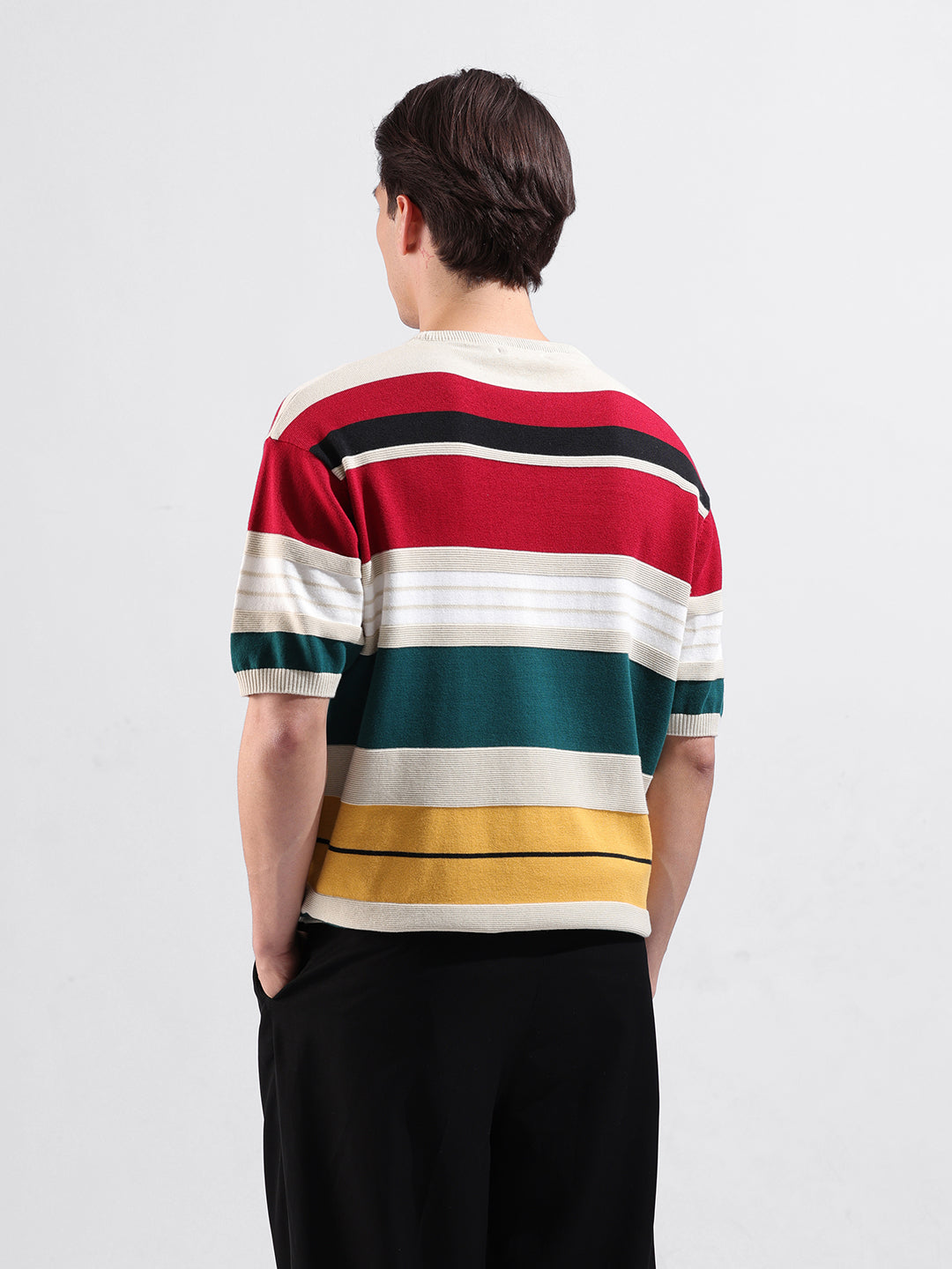Men's Multicolor Oversized Fit Striped Flat Knit Polo Collar T-Shirt
