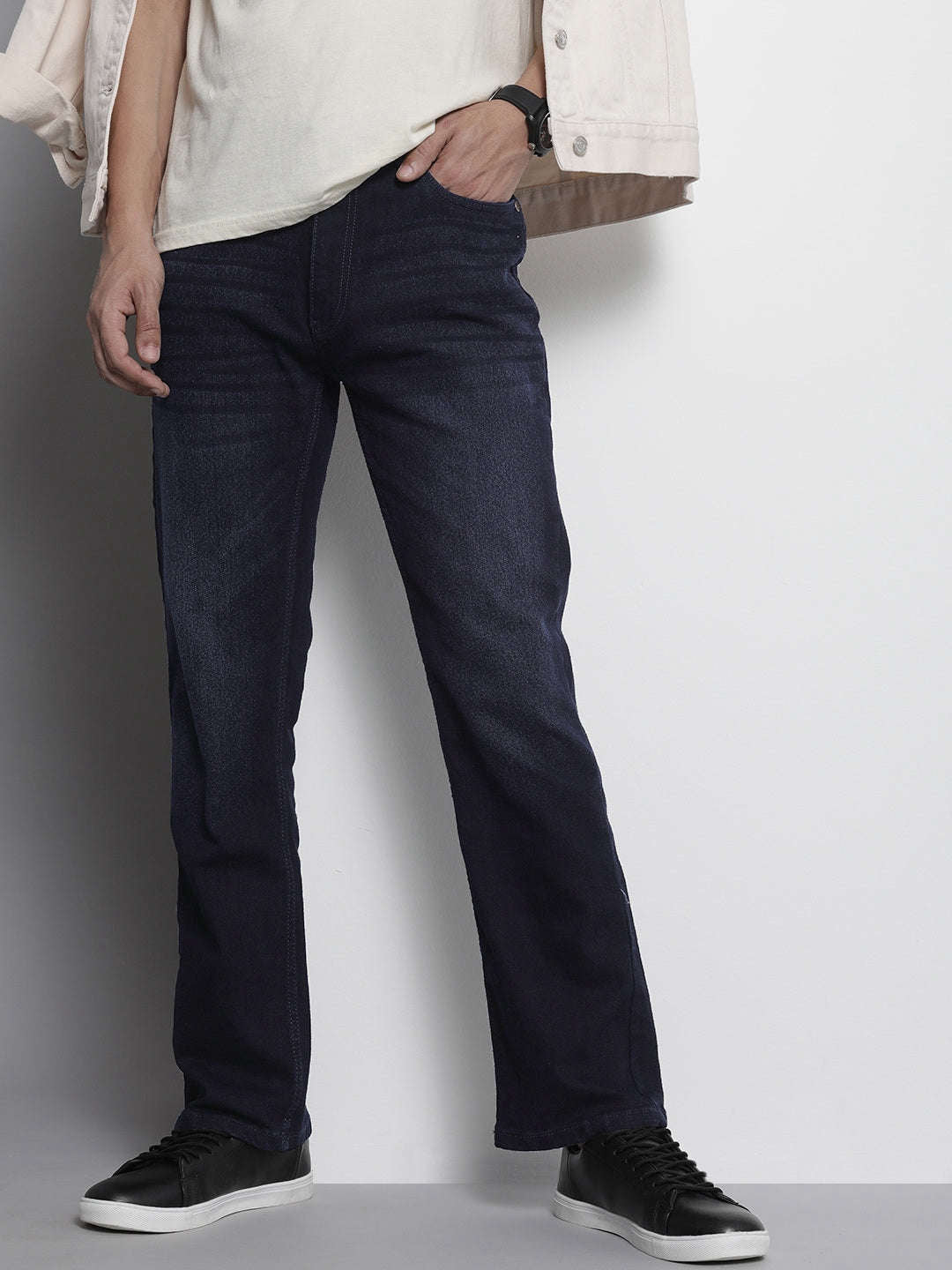Men's Blue Bootcut Solid Mid-Rise Stretchable Jeans