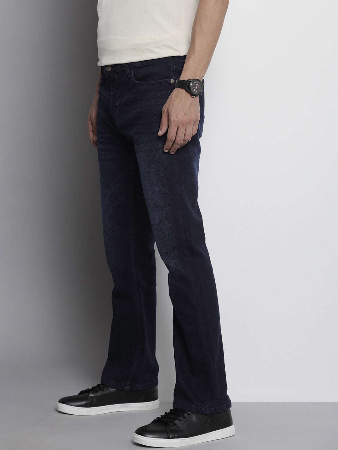 Men's Blue Bootcut Solid Mid-Rise Stretchable Jeans