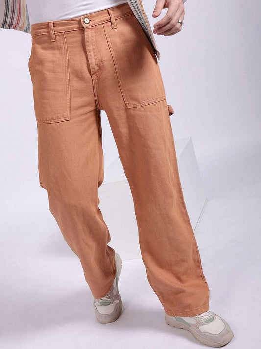 Men's Almond Baggy Fit Solid Retro Wear Jeans