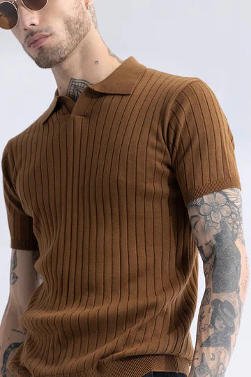 Brown Ribbed Flatknit Textured Regular Fit Exclusive Polo T-Shirt
