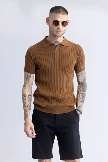 Brown Ribbed Flatknit Textured Regular Fit Exclusive Polo T-Shirt