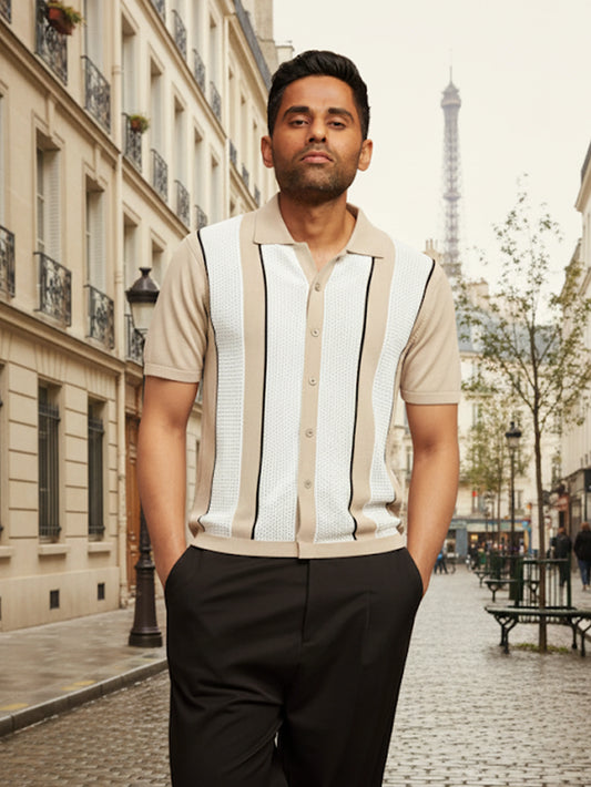 Men's Beige Slim Fit Textured Flat Knit Shirt